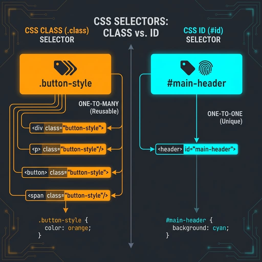 CSS Class vs ID selector comparison showing one-to-many vs one-to-one relationships